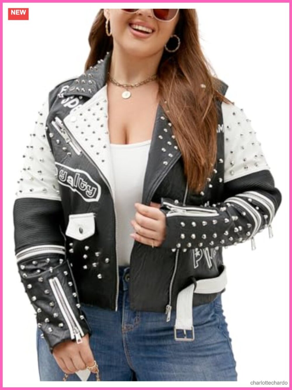 Plus Size Faux Leather Moto Jacket Zip Up Studded Biker Coat